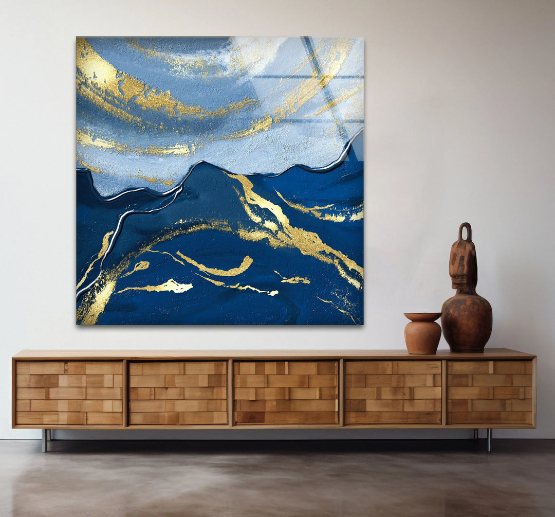 Navy Blue and Gold Abstract Landscape Wall Art – Elegant Glass Print for Modern Living Spaces - MyPhotoStation