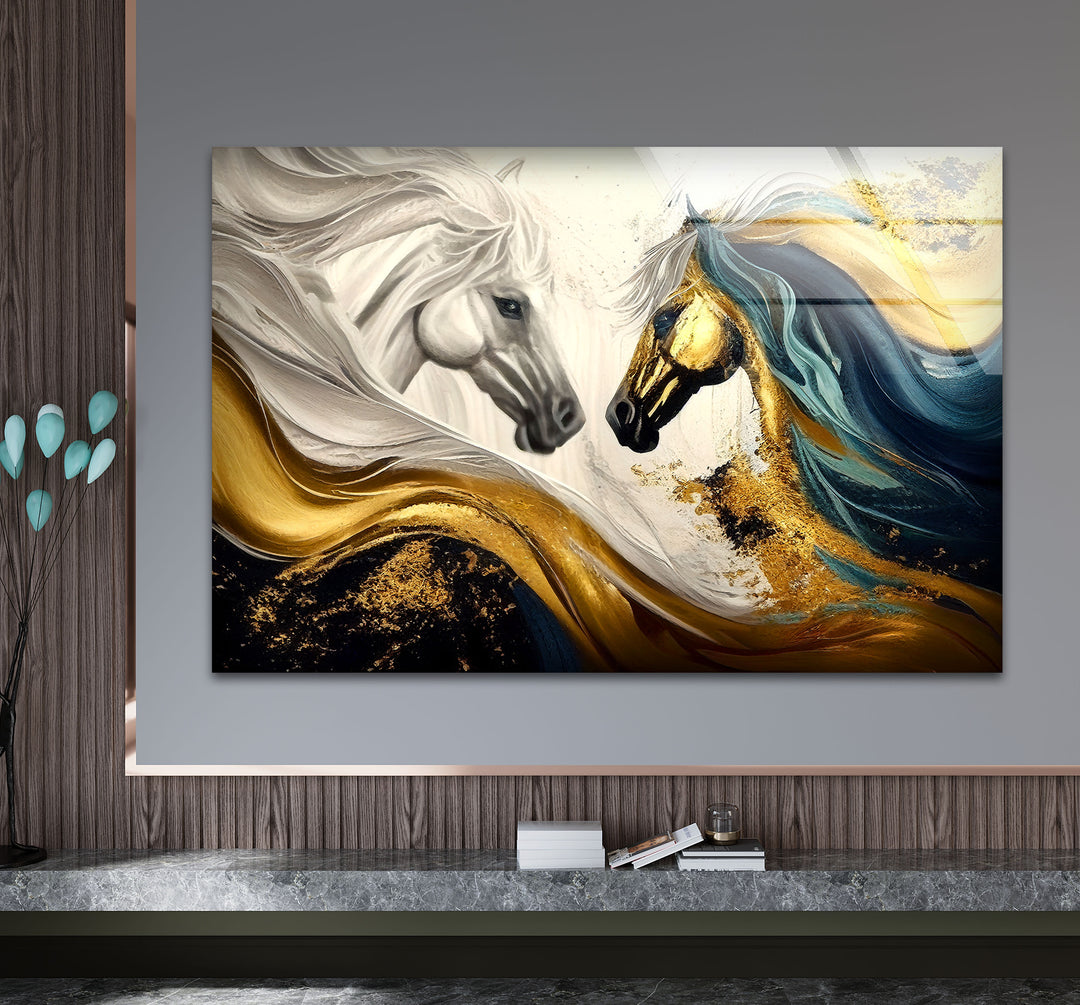 Majestic Gold Horses Wall Art – Luxury Abstract Equine Glass Print