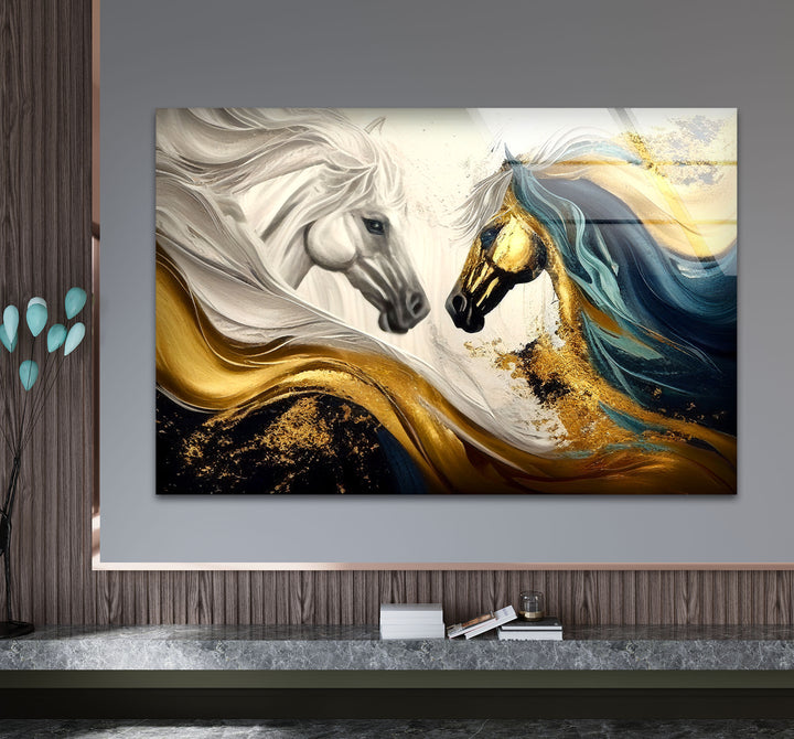 Majestic Gold Horses Wall Art – Luxury Abstract Equine Glass Print