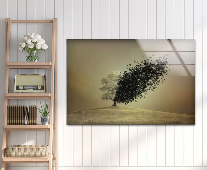 Surreal Tree Turning into Birds Wall Art – Minimalist Nature Glass Print