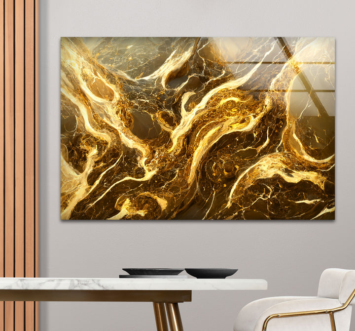Molten Gold Marble Wall Art – Abstract Luxury Glass Print for Modern Decor
