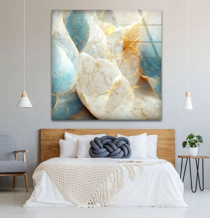 Blue White Marble Wall Art – Elegant Stone Glass Print with Gold Veining for Modern Luxury Interior Decor - MyPhotoStation
