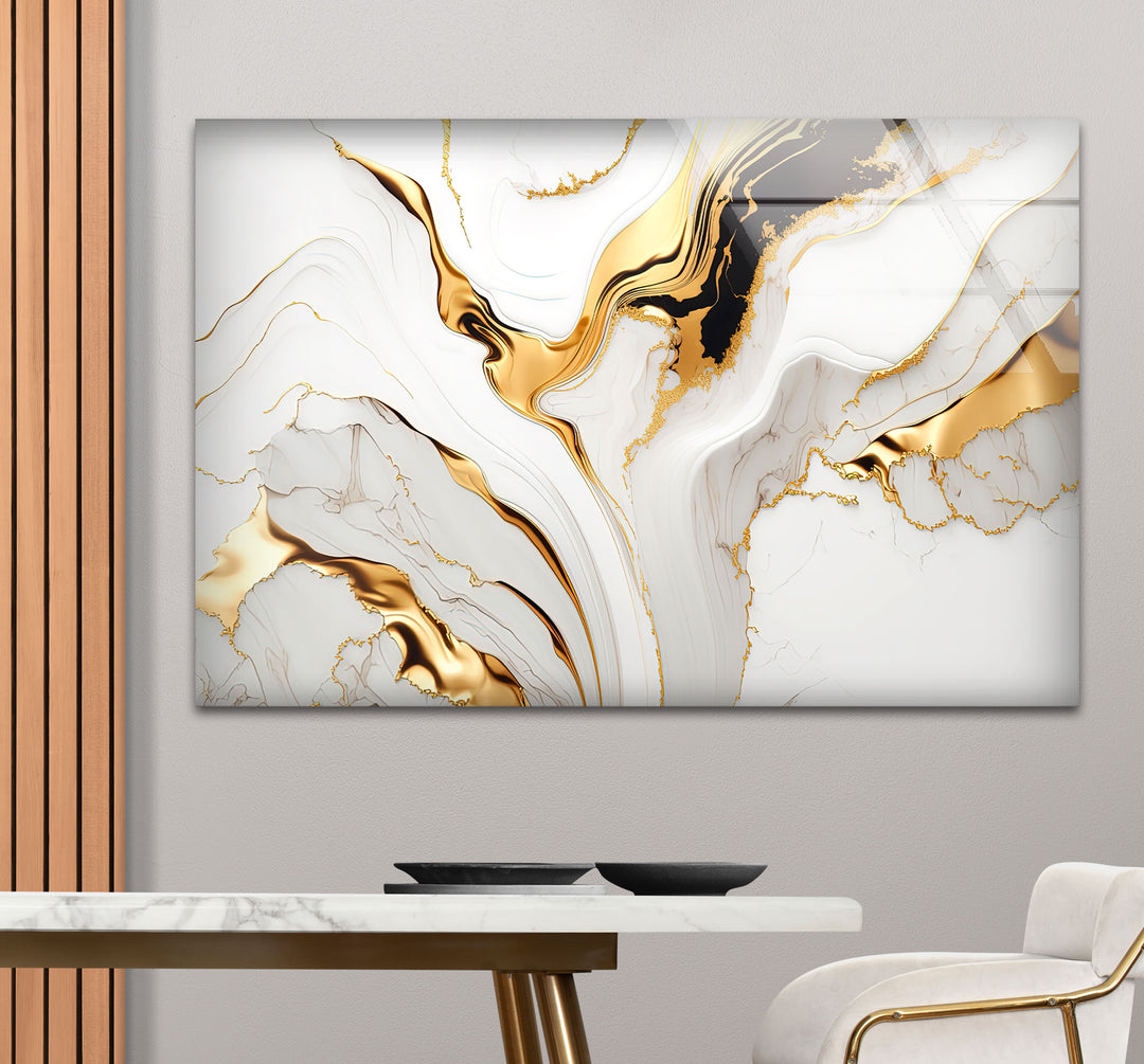 White Gold Marble Abstract Wall Art – Modern Luxury Glass Print for Elegant Interiors
