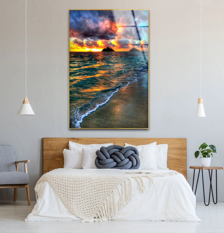 Tropical Sunset Beach Scene – Ocean Wave Glass Wall Art with Island Silhouette - MyPhotoStation