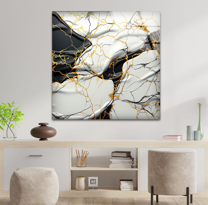 Luxury Marble Abstract Wall Art – Black, White & Gold Glass Panel Print
