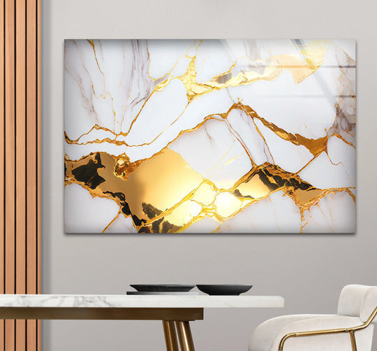 Flowing gold veins cascade across the white marble abstract glass printing, creating a sense of dynamic energy.