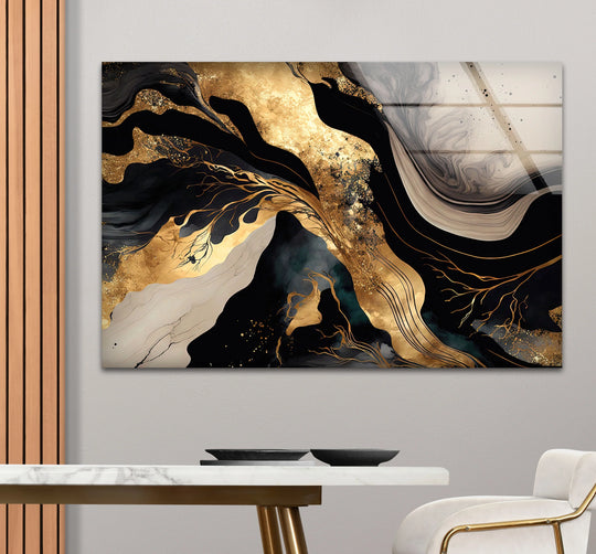 Bold swirls of metallic gold dominate this dynamic glass wall artwork, creating a luxurious, fluid abstract design.
