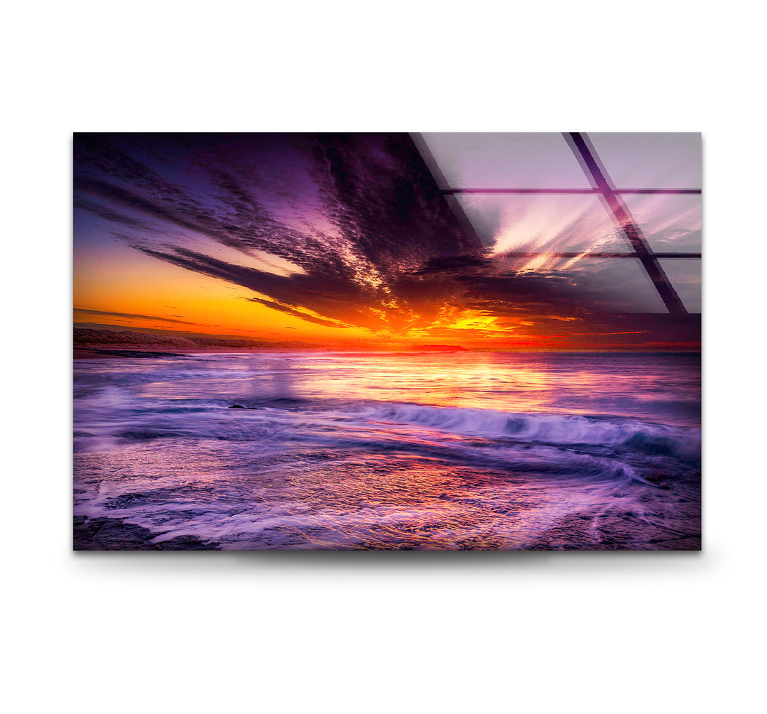 Vibrant Ocean Sunset Wall Art – Purple Sky & Waves Glass Print