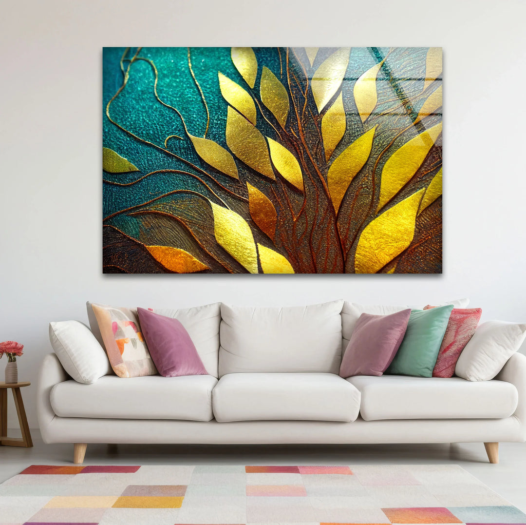 Golden Leaf Tree Glass Wall Art – Elegant Botanical Design with Teal & Amber Accents - MyPhotoStation