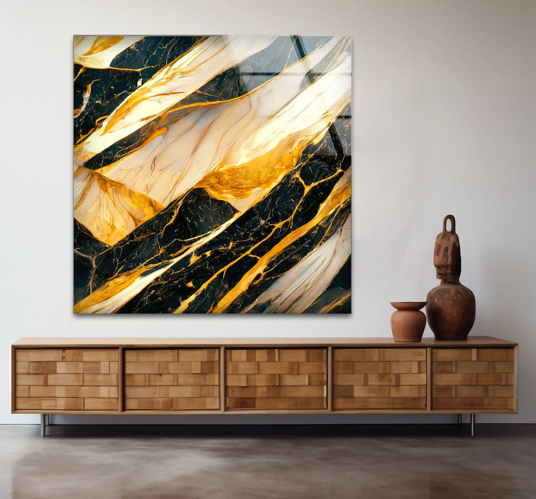 Luxury Black Marble Glass Wall Art with Gold and White Fluid Veins – Modern Abstract Decor - MyPhotoStation