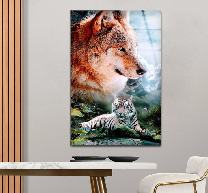 Wolf and White Tiger Wall Art – Majestic Animal Duo Nature Glass Print for Bold Decor - MyPhotoStation