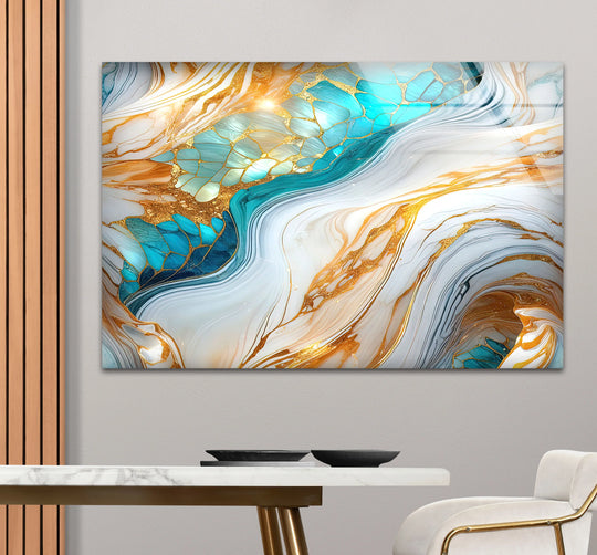 A rectangular luxury gold and turquoise marble glass wall art with abstract fluid shapes and swirls.