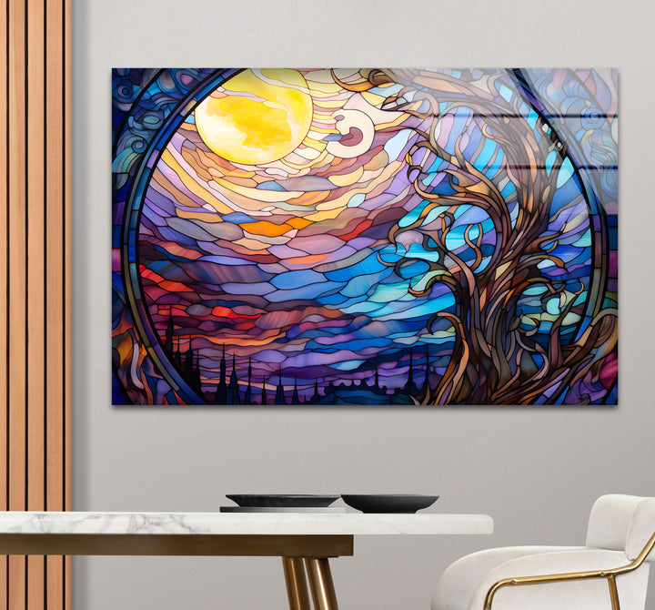 Mystic Moon Buntglas-Wandkunst – Verzauberter Baum &amp; Nachthimmel-Dekor