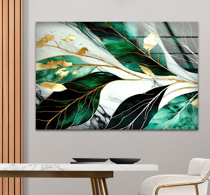 Gold & Emerald Botanical Glass Wall Art – Luxury Green Leaf Design