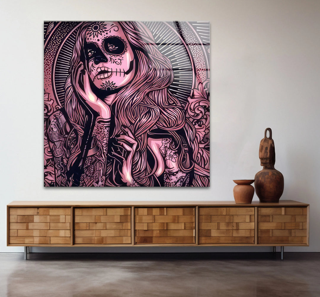 Day of the Dead Gothic Wall Art – Pink Skull Girl with Guns Tattoo Design - MyPhotoStation