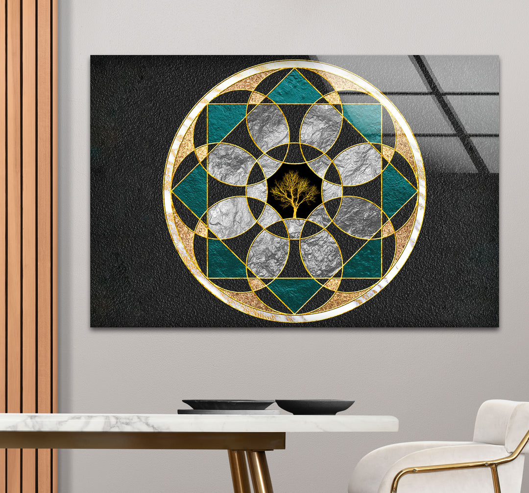 Wandkunst mit heiliger Geometrie, Baum des Lebens – Moderne Glasplatte mit goldenem Mandala-Design