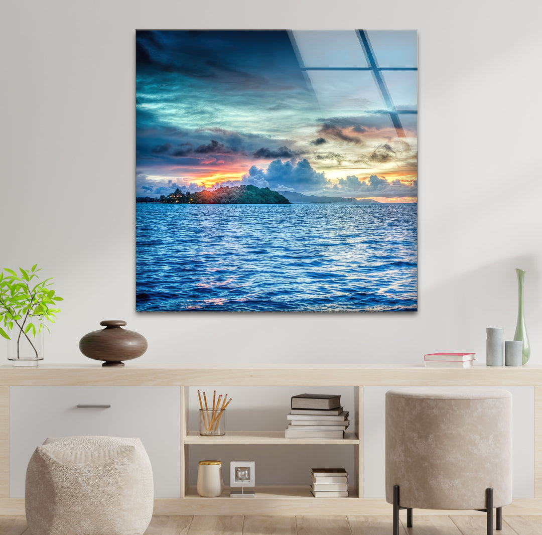 Tropical Sea Horizon Wall Art – Vibrant Ocean Sunset Glass Print for Modern Interiors