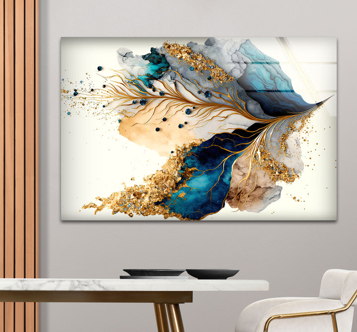 Abstrakte Glaswandkunst in Gold und Blau – Luxuriöses, modernes, fließendes Design