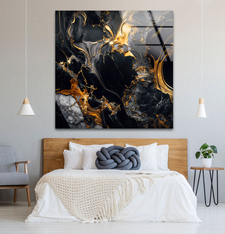 Black Marble Gold Flow Wall Art – Luxury Abstract Glass Print for Modern Interiors