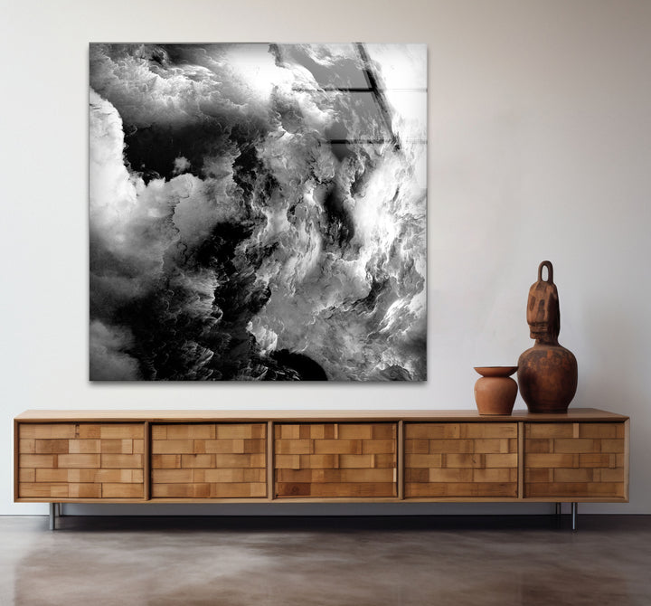 Monochrome Storm Wall Art – Black and White Cloud Glass Print Decor