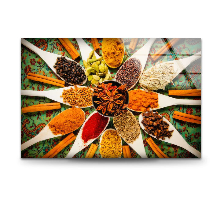 Colorful Indian Spices Wall Art – Kitchen Glass Print with Aromatic Herb Display for Culinary Decor - MyPhotoStation