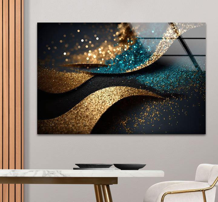 Gold Teal Glitter Wave Wall Art – Luxury Sparkle Abstract Glass Print