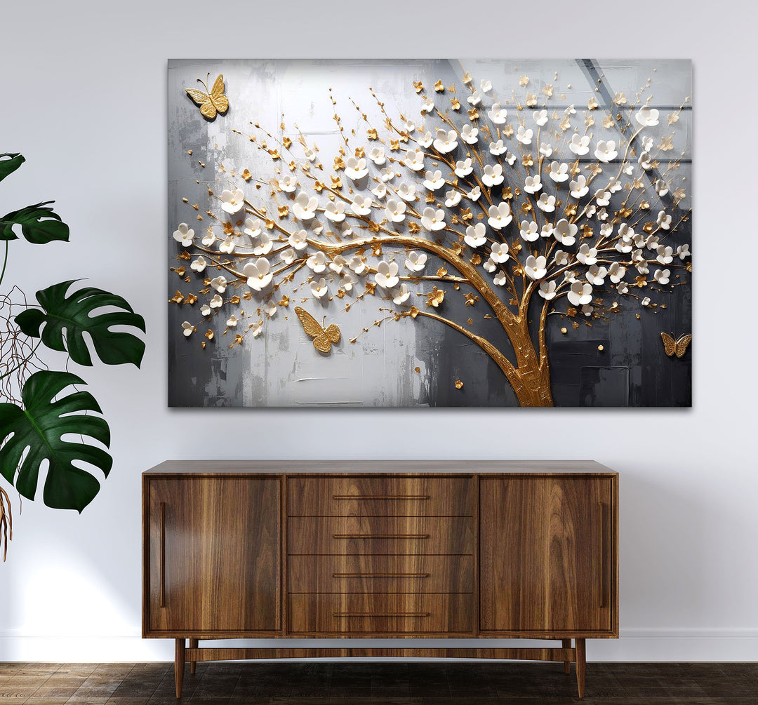 Golden Cherry Blossom Tree Wall Art – 3D Floral Glass Print with Butterflies