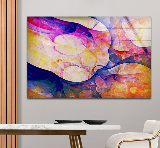 Vibrant purple, yellow, and blue swirls dominate this colorful abstract glass printing with dynamic curves and luminous effects.