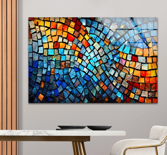 Vibrant Mosaic Wave Glass Wall Art – Colorful Abstract Squares Decor - MyPhotoStation