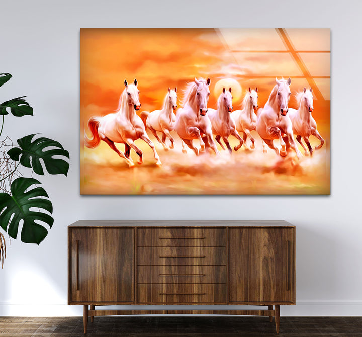 Wandkunst mit sieben laufenden Pferden – Spirituelle Sonnenaufgangsszene, Glasdruck