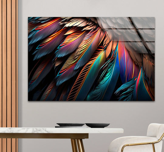 Delicate, wispy feather edges create a soft focal point in this vibrant, colorful tempered glass wall art.
