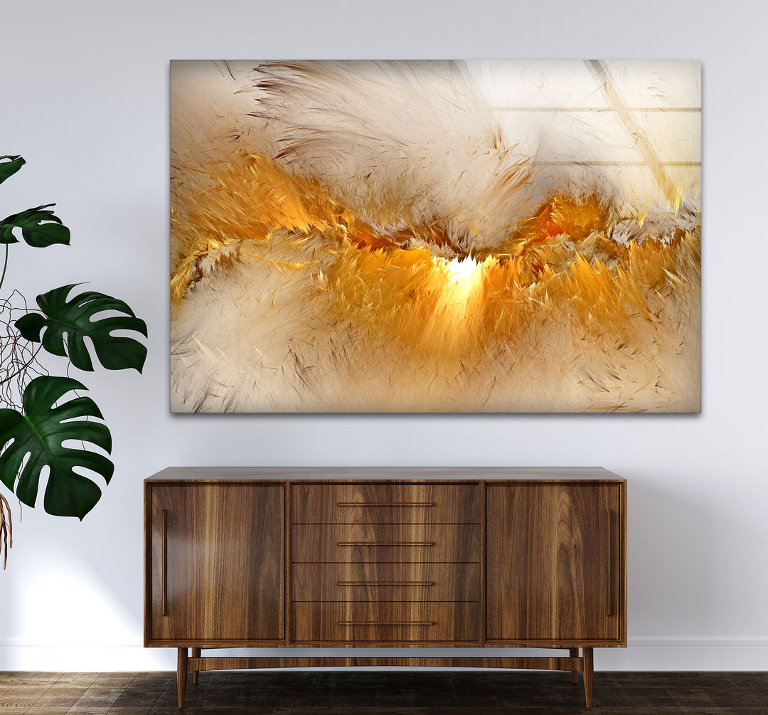 Golden Feather Storm Wall Art – Abstract Light Burst Glass Print