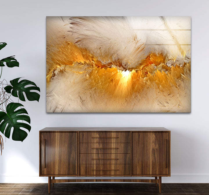 Golden Feather Storm Wall Art – Abstract Light Burst Glass Print