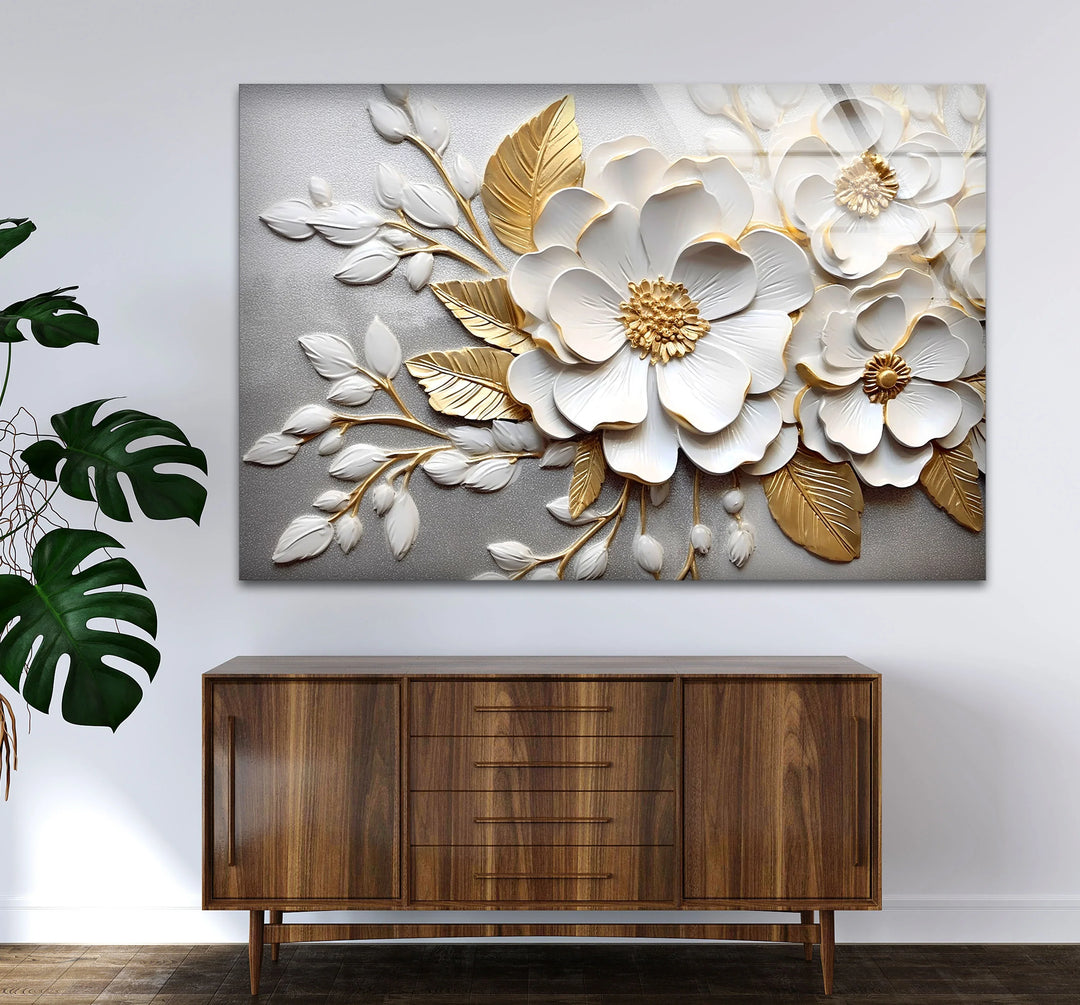 White Gold Floral Wall Art – 3D Textured Flower Print on Glass Panel - MyPhotoStation