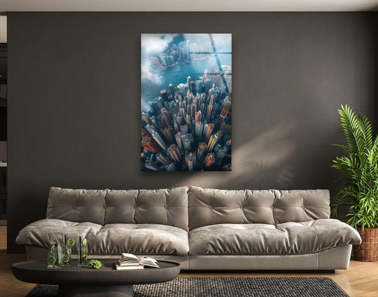 Highlighting the realistic detail of the Hong Kong City glass art painting, the high-definition print showcases a stunning aerial cityscape view with impressive clarity.