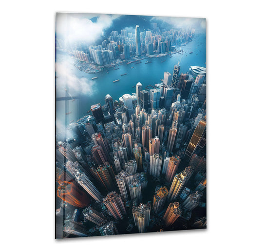 The stillness captures the dense urban landscape of Hong Kong city in this glass wall art, offering a serene home decoration to any space.