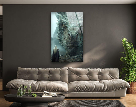 Organic forms create a striking home decoration with the giant dragon face glass wall art, portraying a surreal fantasy scene.