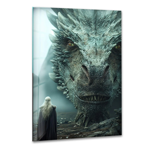 A colossal dragon looms into focus, its giant face seeming to break free from the glass of this fantasy scene print wall art.