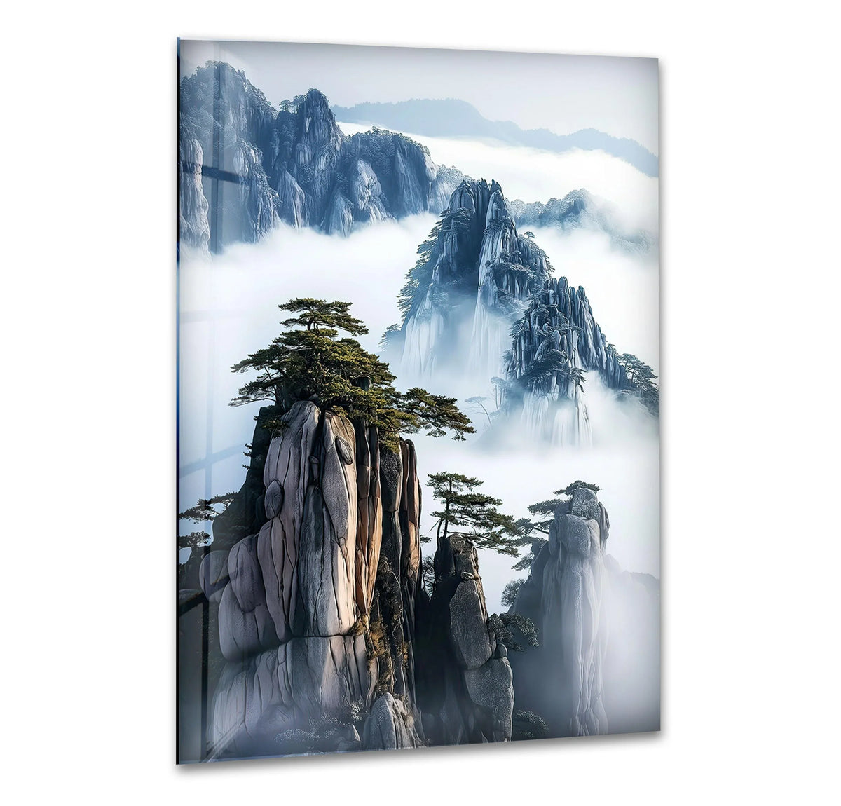 Tempered glass showcases the central subject of mystical mountain peaks rising through mist, offering a stunning landscape depicted as pristine glass art.
