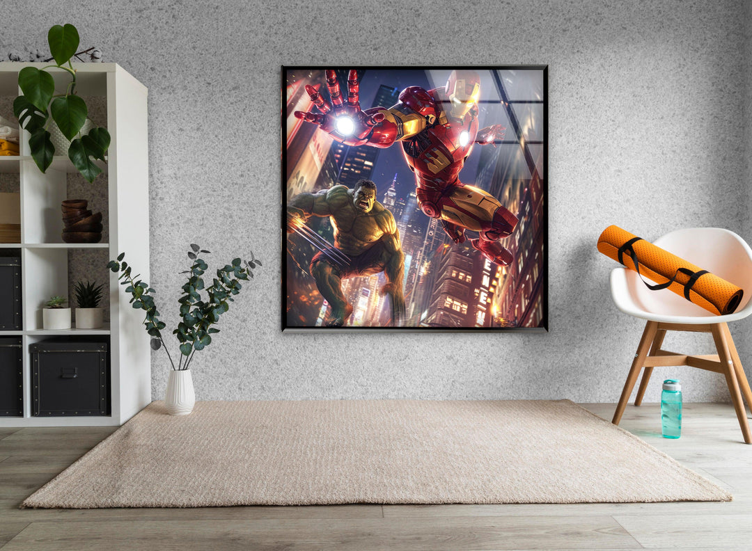 Hulk and Iron Man Glass Wall Art custom glass photo prints, large glass prints
