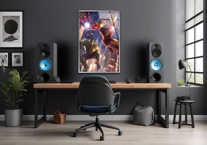 Hulk and Iron Man Glass Wall Art picture on glass wall art, photos printed on glass
