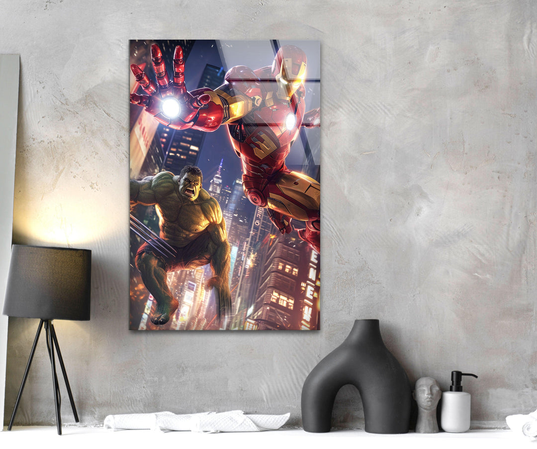 Hulk and Iron Man Glass Wall Art print picture on glass, Tempered Glass Wall Art
