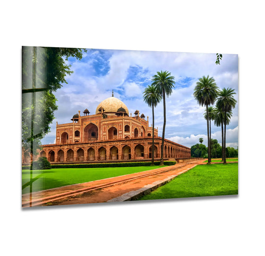 Humayun's Tomb as the central subject exhibits intricate architecture in magnificent glass printing, a stunning art view that captures the Mughal-era architecture.