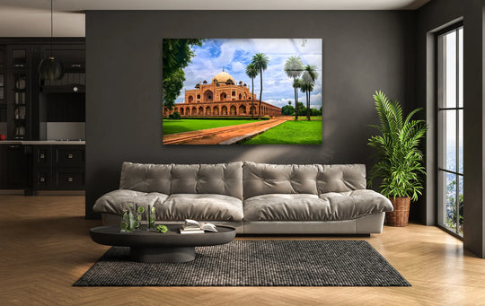 Soft diffused light enhances the Mughal architecture in the Humayun's Tomb glass wall art, offering a radiant piece for home decoration.