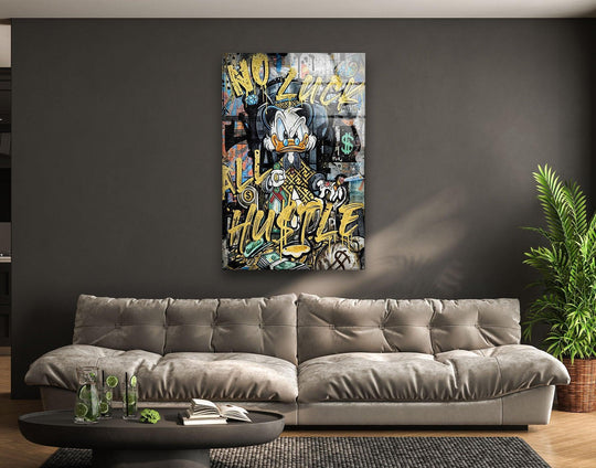 High-quality tempered glass art enhances the detailed rendering of the Hustle Duck, showcasing the best glass art in this vibrant, modern design.