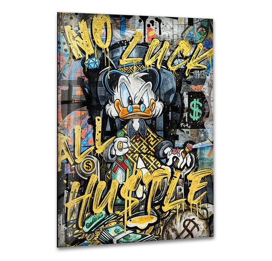 The layering effect creates depth in this Hustle Duck art from glass piece, revealing graffiti-style textures and bold designs.