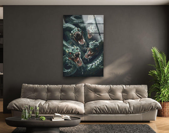 Flowing through serpentine shapes, this hydra glass wall art showcases monstrous organic forms, making dynamic wall prints for fantasy enthusiasts.
