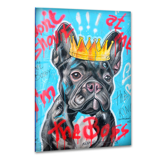 This vibrant, graffiti-style glass wall art decor captures a regal French bulldog's cool, bossy mood.