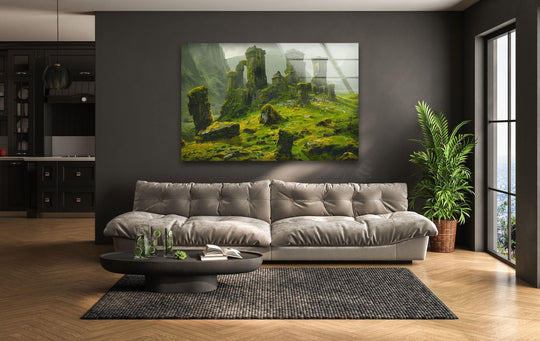 Dramatic illustration landscape is showcased as the focal point in this glass wall art decor, adding a vibrant touch to the room.