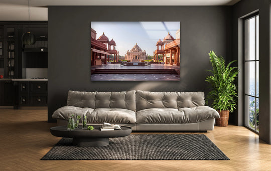 Emphasizing the layering effect, the Jaisalmer Cenotaphs glass wall art creates depth, enriching the home decoration by showcasing magnificent architecture.